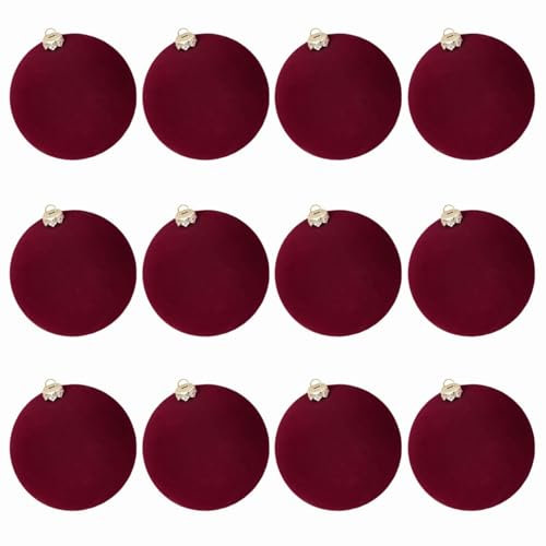 Easnea 12 x Christbaumkugeln aus Samt, Burgunderrot, beflockte Kunststoffkugeln zum Aufhängen