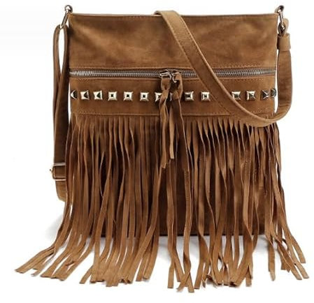 MIMIKRY Damen Umhängetasche Wildleder-Optik mit Fransen 30x27cm Indianerin Hippie Cowgirl Festival Tasche Ethno Kostüm-Zubehör, Farbe:Braun
