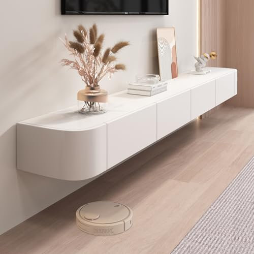 Ribanedy Soporte Flotante Moderno para TV, Gabinete de Pared de Madera Maciza con Almacenamiento, Consola Multimedia para Sala y Dormitorio (Blanco, 220 cm)