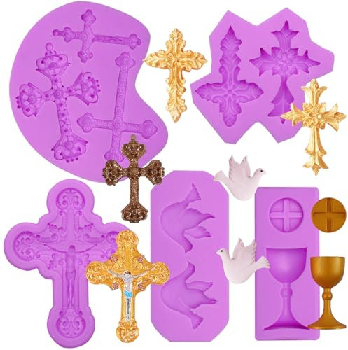 Kreuz-Silikonformen für Taufe, Kelch, Friedenstaube, Fondant, Formen für Cupcake-Topper, Kuchendekoration, Schokolade, Süßigkeiten, Gummipaste, Polymerton, 5 Stück