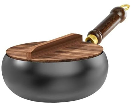 9/11 Uncoated Iron Pan with Wooden Lid, Japanese Iron Pan, Hand Forged Non-Stick Irons Pans, Big Belly Pot Ironss Panss Stock Pot, for High-Heat Frying, for Gas Stoves Induction Hobs