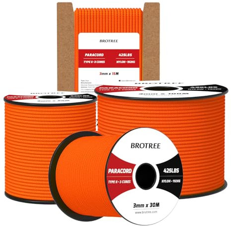 Brotree Paracord 3mm 15M 100% Nylon Seil Schnur Typ II Paracord 425 mit 3 Kern für Survival, Outdoor, Armband, Basteln - Bruchlast 192kg (Orange)