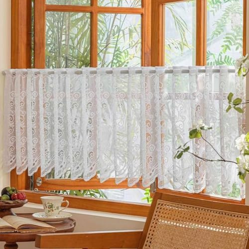 Jeeman Jacquard Scheibengardine Spitze Gardinenschals Weiß 60x300cm 1 Stück | Lichtdurchlässig, Amerikanische Café-Gardine, Blumenmuster Retro, Bistrogardine Abdeckvorhang für Schuhregal , Mit Tunnelzug