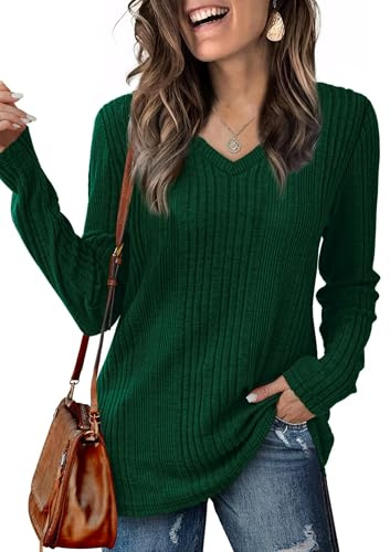 GLEENOD Jersey Mujer Cuello en V Manga Larga Punto Ligero Básico | Cuello en V, manga larga, punto ligero, color liso, básico para el día a día