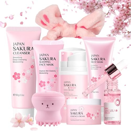 Sakura Skincare Set Teenager Mädchen Geschenke - Skin Care Set - Beauty Set Frauen - Gesichtspflege Set Damen - Feuchtigkeitsspendend Hautpflege Geschenkset mit Reiniger,Serum,Augencreme (8 PCS)