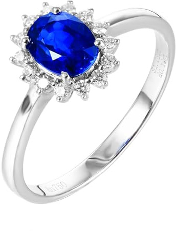 Homxi Damen Trauringe Weißgold 14K Ring, Blume und Oval mit Erstellter Saphir 1,09 Karat und Moissanit, Blau Silber Damen Ring Verlobungsring Ehering Gr. 57 (18.1)