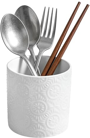 Kaiyzo Pot Ustensiles Cuisine Ceramique 10,6 x 10 cm Porte Ustensiles Cuisine Relief Pot Couverts Support Ustensile pour l'Organisation Du Comptoir et le Rangement des Couverts-Blanc