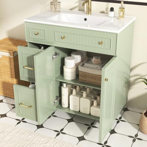 kozamas Waschbeckenunterschrank 81,7cm Grün | Stehender Waschtischunterschrank mit Keramikbecken & Lackierter MDF-Front, Badmöbel-Set mit Massivholzfüßen