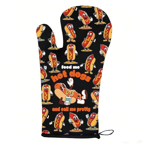 LEVLO Funny Hotdog Oven Mitts Sausage Home Kitchen Gifts Feed Me Hot Dogs and Call Me Pretty Chef Baking Gloves Hotdog Merch (Hot Dogs)