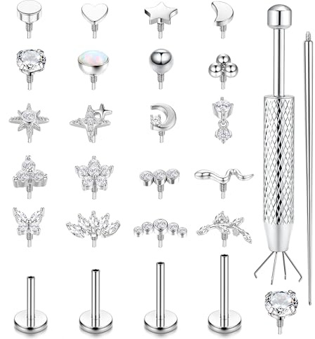 16G/18G Tragus Helix Labret Piercings Chirurgenstahl Nasenpiercing Lippenpiercing Stecker Hypoallergener Ohrringe Innengewinde Ohrstecker Set Gold Sliver Muschel Conch Knorpel Ohrringe Piercings Ohr