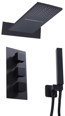 Colonne de Douche Encastrée Thermostatique Noir Mat – Ensemble Douche Carré avec Pommeau Pluie 55x22cm, Douchette & Buse Cascade, Mitigeur Anti-Brûlure 38°C, Laiton Massif