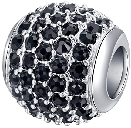 Andante-Stones Silber Pavé Strass Bead Charm mit schwarzen Kristallsteinen - Element Kugel für European Beads + Organzasäckchen
