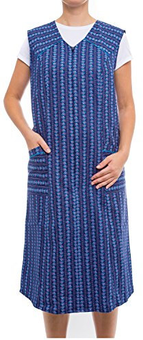 Tobeni Damen Kittelschürze lang mit Reissverschluss und Taschen ohne Arm 100% Baumwolle Farbe Design 34