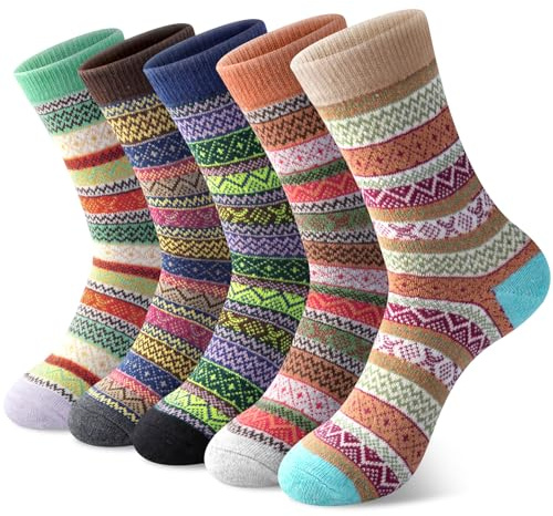 Pack of 5 Womens Vintage Style Cotton Knitting Wool Warm Winter Fall Crew Socks, Mixed Color 1, One Size - fit shoe sizes from 5-10