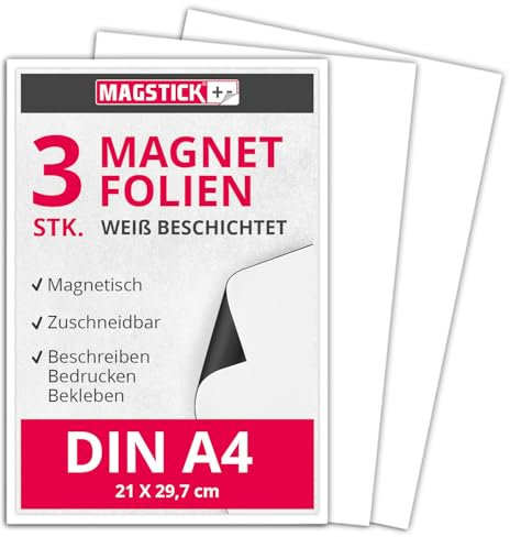 3er Set Magnet-Folie in DIN A4 I magnetisch, weiß beschichtet I permanent beschreibbar I für Kfz Auto LKW I Lager-Schild I Tür-Schild I mag112