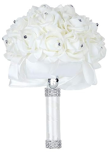 Febou Hochzeitsstrauß mit Kristallrosen, Brautjungfernstrauß, Kunstblumen für Hochzeit, Party und Kirche (Elfenbein)