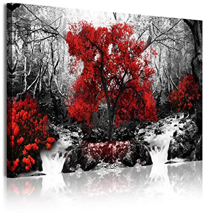 DekoArte 332 - Impression Sur Toile Moderne D'Images Artistiques | Toile Décorative Pour Votre Salon Ou Votre Chambre | Style Paysage Noir et Blanc avec Des Arbres Rouges Nature | 1 Pièce 120 x 80 cm