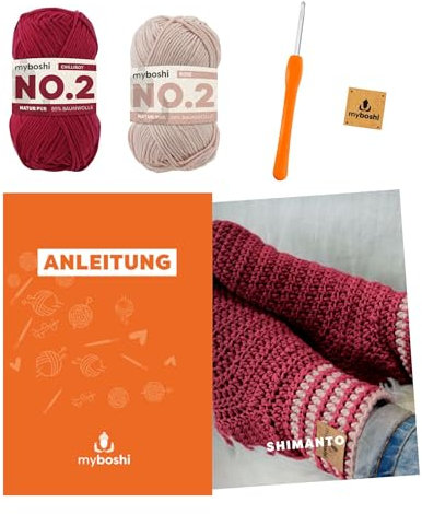 myboshi Häkelset Socken Shimanto, Häkelset für Anfänger, inkl. No.2 Wolle, Häkelnadel und Anleitung, Label, Häkelpaket, 85% Baumwolle, 15% Kapok Rot, mit Häkelnadel