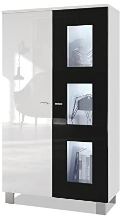 Vladon Vitrine de Salon Denjo, Vitrine sur Pied avec 2 Portes et 3 vitres, Blanc Mat/Blanc Haute Brillance/Noir Haute Brillance, éclairage LED Inclus (71 x 129 x 35 cm)