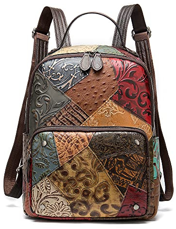 DokinReich Patchwork von Luxe Naturleder Rucksack Leder Damen Schultertasche Bunte Patchwork Große Umhängetasche 13 Zoll