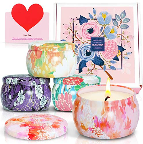 SCENTORINI Duftkerze Aroma Kerzen Naturwachs in Dose 4er Duftkerzen Geschenkset, Duft von Pfingstrose, Zimtapfel, Lavendel und Rose, für Weihnachten, Lehrer Geschenk, Halloween und den Valentinstag