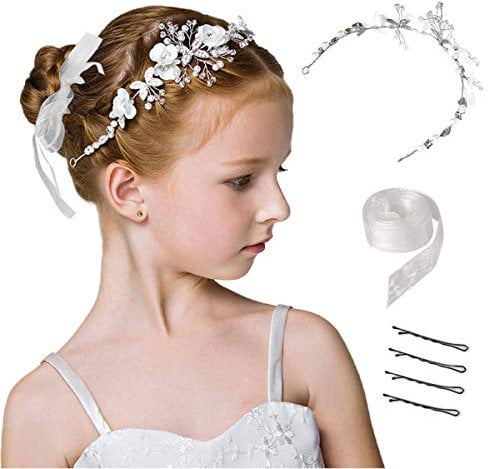 CASKIE Hochzeit Haarschmuck Für Mädchen Und Blumenmädchen, Haar-Accessoires Erstkommunion Prinzessin Weiße Blume Kopfschmuck Perle Haarschmuck Hochzeit Party Für Mädchen