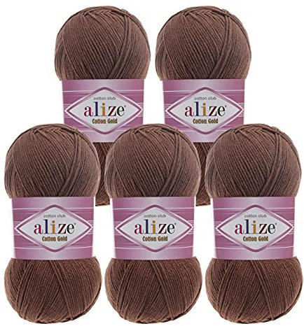 5 x 100g Strickgarn Alize Cotton Gold Uni Klassikgarn Häkelgarn Strick-Wolle Farbwahl, Farbe:493 kaffeebraun
