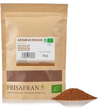 FRISAFRAN | Zucchero di Cocco Integrale 5kg | Dolcificante Naturale | non raffinato | cocco Bio | calcio | Sostituto dello zucchero raffinato | Estratto dei Fiori della Palma da Cocco | senza additivi
