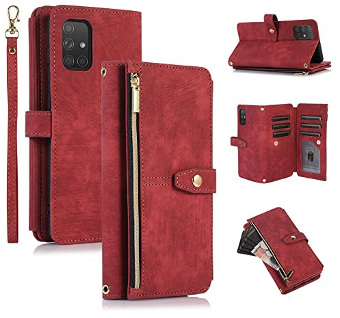 UEEBAI Hülle für Samsung Galaxy A51 4G, 9 Kartenfäche Retro Leder Geldbörse Stoßfest Flip Case mit Handschlaufe Standfunktion Reißverschluss Handyhülle Magnetverschluss Wallet– Retro Rotwein
