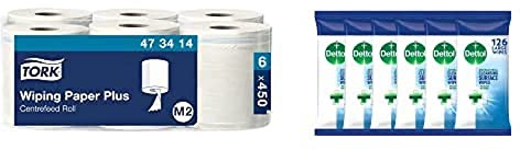 Tork 473414 Multipurpose Wiping Paper Towels/Rolls, M2 Centrefeed System Big Dispensers/White / 6 x 150.7m / Ø 18cm Bundle with Dettol Wipes Antibacterial, Multipack of 6 x 126, Total 756 Wipes