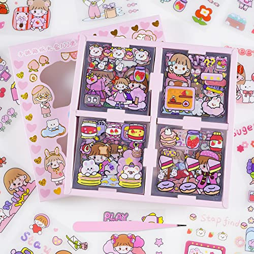 100 Blätter Nette Cartoon Mädchen Aufkleber, Rosa Kawaii Figur Transparente dekorative Scrapbook Aufkleber für Junk Journal, DIY Kunsthandwerk, Fotoalbum, Planer, Kalender und Notizbuch