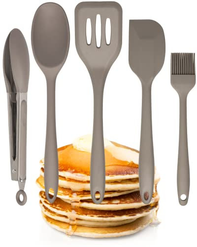 Taylors Eye Witness Grey Silicone Turner, Spoon, Spatula, Tongs & Brush Set - Dishwasher Safe, Non-Scratch Heads, Heat & Stain Resistant (260°C/500°F)
