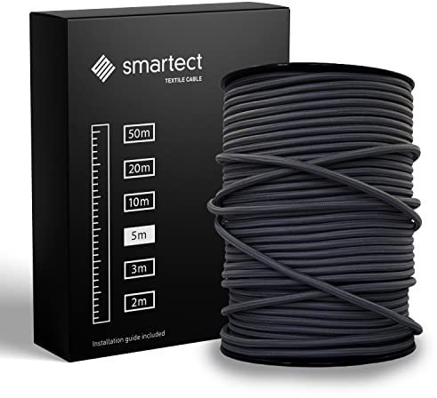 smartect Cavo Elettrico Tessile Antracite, 5 Metri Filo Elettrico Vintage, Tripolare (3 x 0.75mm²) Cavo Elettrico Rivestito in Tessuto per Fai da Te