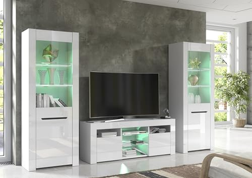 Furneo MilanoW – High Gloss & Matt White Living Room Set, TV Stand & Display Cabinets, RGB (Multicoloured) LED Lights