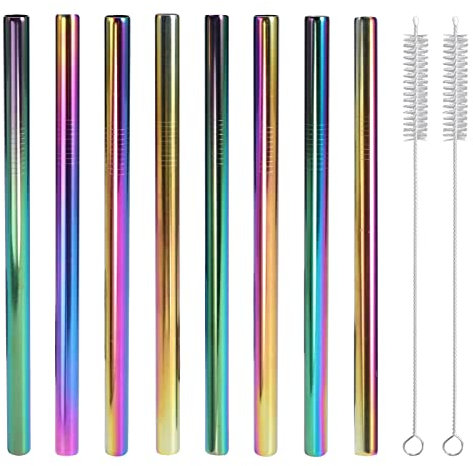 Pailles à thé à bulles réutilisables en métal, 8 pailles épaisses en acier inoxydable avec 2 brosses de nettoyage pour smoothie Boba Bubble Tea Milkshake, 12 mm extra large, multicolore