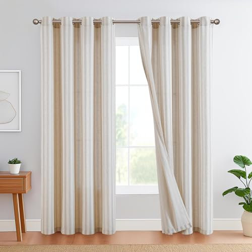 TOPICK Leinen Gestreifte Vorhänge Grau Streifen Gardinen mit Ösen Ticking Streifen Muster Leinenoptik Vorhänge Lichtfilterung für Wohnzimmer Nadelstreifen Gardine Blickdicht 2 Stück H245xB130cm