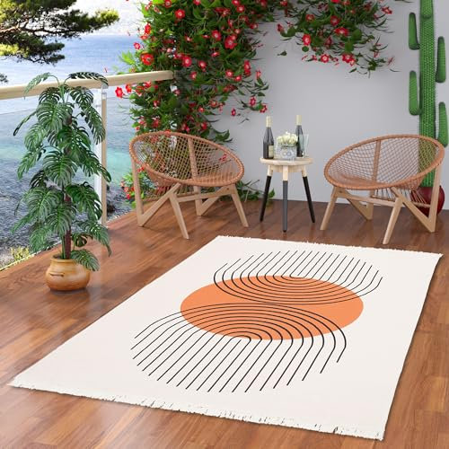 Designer Teppich Beidseitig Flachgewebe Ethno Kelim Creme Terrakotta Circle, Teppich Läufer, Teppich Pflegeleicht und Waschbar in 5 Größen