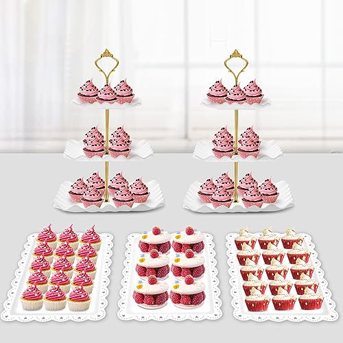 5 Pcs Dessert Table Display Set - 2 X Cupcake Stand Holder/Cup Cake Tier Tower & 3 X Serving Tray Combo for Tea Party, Birthday, Baby Shower White