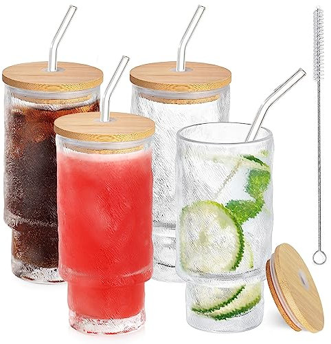 Anhow Set of 4 Cocktail Glasses, 350 ml Glacier Long Drink Glasses with Lid, Iced Coffee Glasses with 4 Straws / 1 Brush for Water, Cocktails, Juice, Transparent