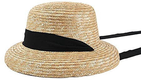 NMNMNM Sombrero para el Sol Sombrero de Paja Mujeres Niñas Sombrero de Paja Retro con Cinta Hepburn Vendaje Sombrero de Playa Niños Boater Sombreros para el Sol (Negro 52 cm niño)