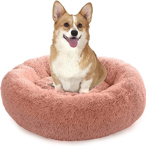 Enjamoy Hundebett Flauschig Donut Plüsch Katzenbett Hundekissen, Waschbar Rund Hundebetten für Kleine, Mittelgroße Hunde Katzen, Rosa 70cm