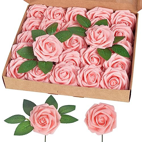 homEdge Künstliche Rosen, Schaumstoff-Blumen mit Stiel, für Heimdekoration, Hochzeitssträuße, Party, Zerterstücke, Jubiläen, Rouge, 25 Stück