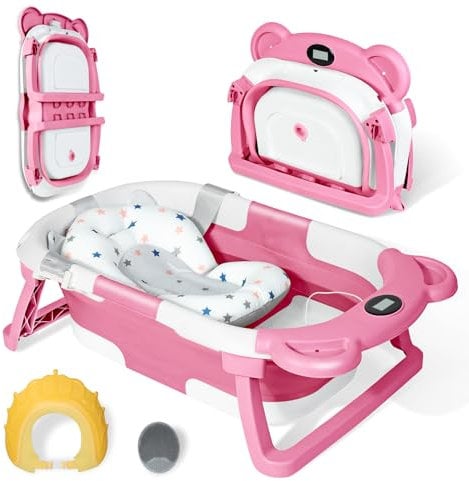 Orzbow Bañeras Plegables Bebé con Termómetro,Estable Bañera Bebe con Adaptador Bañera Bebe,Cepillo de Baño y Gorro de Ducha,Patas antideslizantes,para Bebés de 0 a 24 Meses (Rosa)