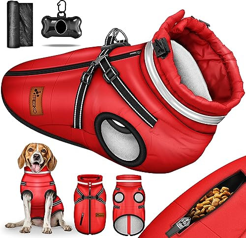 TRESKO® Hundejacke Winter mit Reflektoren inkl. 15 Stück Kotbeutel + Spender | Hunderegenmantel wasserdicht | Hundemantel mit Geschirr | Hunde Winterweste gefüttert (3XL, Rot)