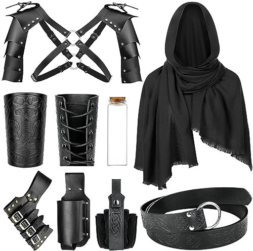 PLULON 9 Pezzi Costume Cavaliere Medievale Uomo Scialle Rinascimentale con Accessori Medievali Cintura in Pelle PU Goffrata Bracciali Marsupio Spada Rana Spalla Armatura Vestito Halloween