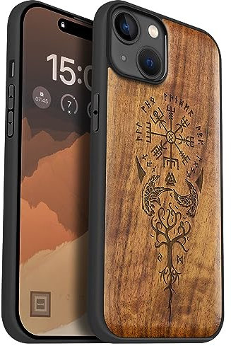 Carveit Magnetic Wood Case for iPhone 15 Plus Case [Solid Wood & Black Soft TPU] Shockproof Protective Cover Unique Wooden Compatible with magsafe (Viking Compass Vegvisir -Walnut)