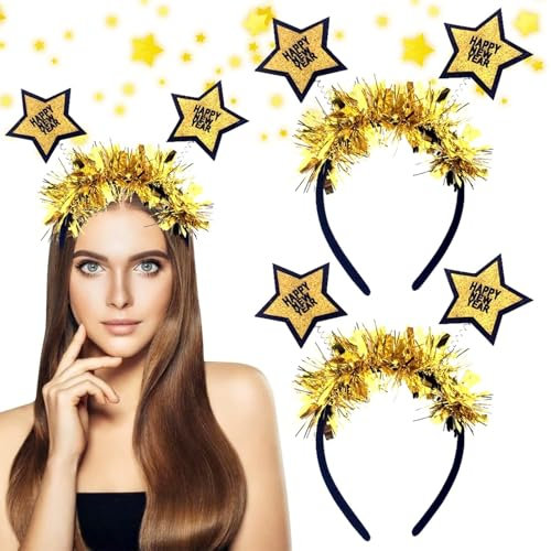 Silvester Haarreif, 2 Stück Happy New Year Haarreifen, Stirnband, 2025 Kopfschmuck Haarreifen Silvester, Party Haarreif, Silvester Deko 2025, Kinder Erwachsene Silvester Party Haarschmuck Zubehör