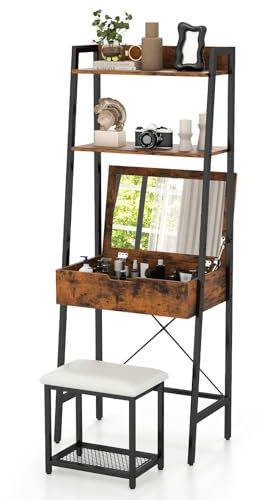 RELAX4LIFE Dressing Table with Stool and Flip Top Mirror, Ladder Vanity Makeup Table with 2 Ladder Shelves and 4 Hidden Storage Compartments, Cosmetic Bedroom Dresser Make Up Desk (Rustic Brown+Black)