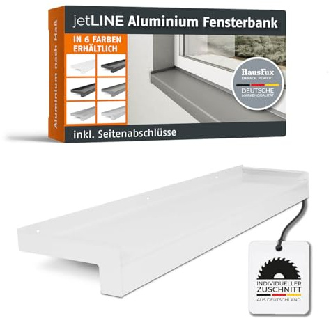 HausFux jetLINE Aluminium Fensterbank außen - nach Maß inkl. Putzabschluss, Klinkerabschluss oder Alu-Gleitabschluss - individueller Zuschnitt - bis 3 m (Weiß, T x L | 11 x 100 cm)