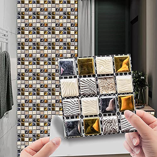 Pegatinas De Azulejos Mosaico Blanco Dorado Resistente Al Agua Pegatinas De Azulejos De Pared,Pared Cocina,Calcomanía De Pared Pegatina De Pvc Para Decor Azulejos Muebles Baño20X20Cm